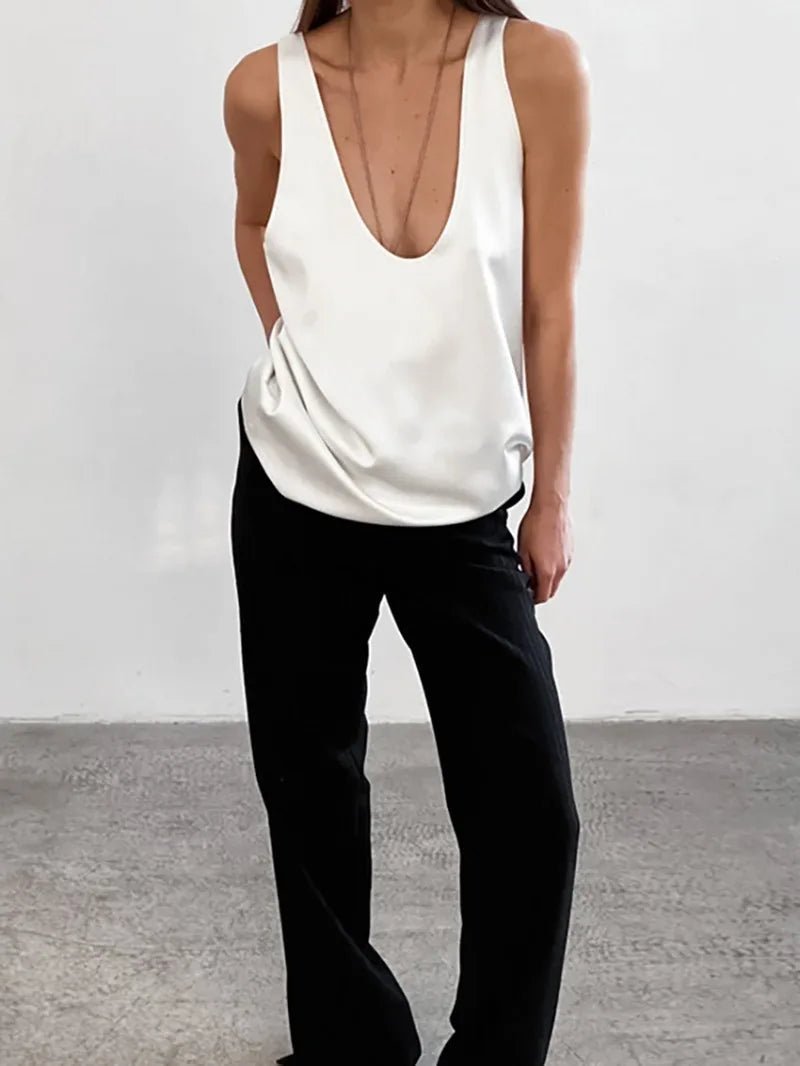 Karla | Dame Satin Tank Top Dyb U-Udskæring Afslappet Pasform