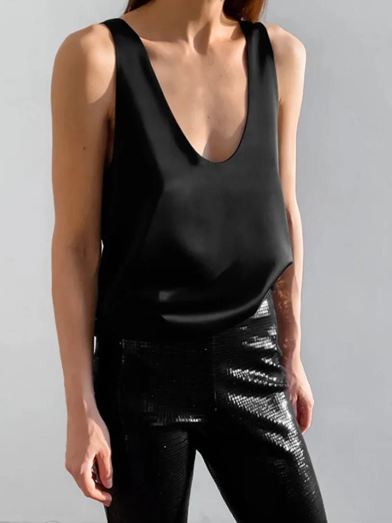 Karla | Dame Satin Tank Top Dyb U-Udskæring Afslappet Pasform