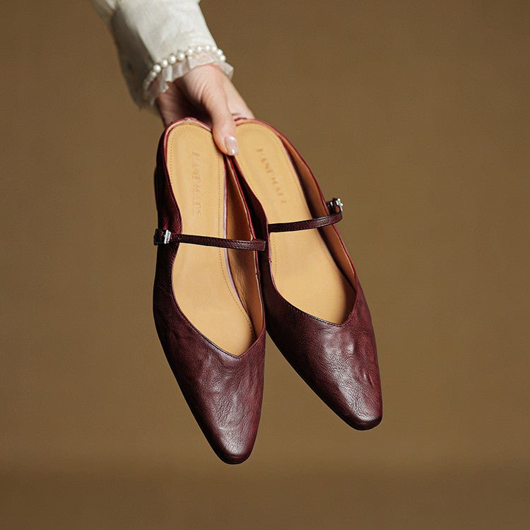 Alma | Dame Spidsnet Læder Mary Jane Mules Flade Slip-On Sko