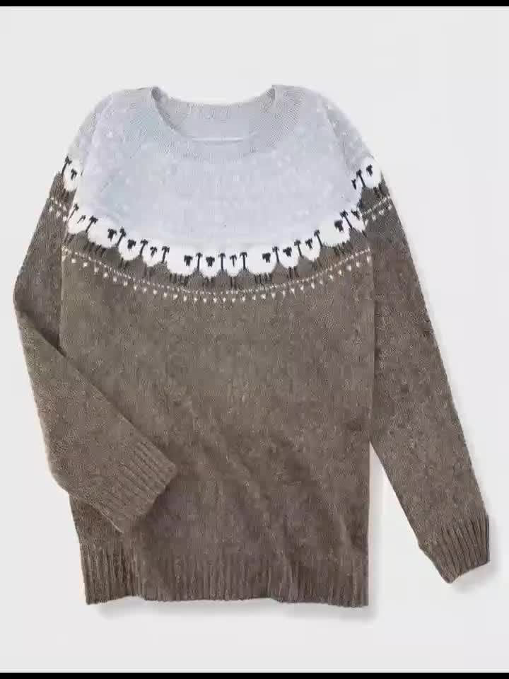 Anna | Dame Strikket Sweater med Fåre-Jacquardmønster Rundhals