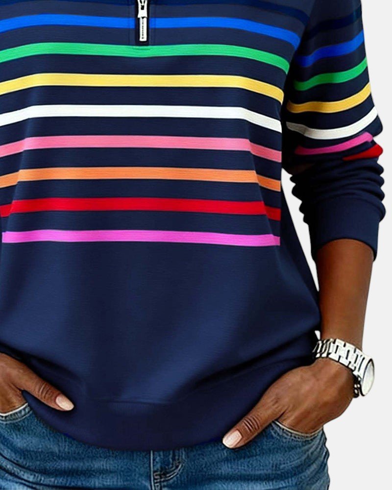 Nora | Dame Sweatshirt Regnbue Stribet Lynlås