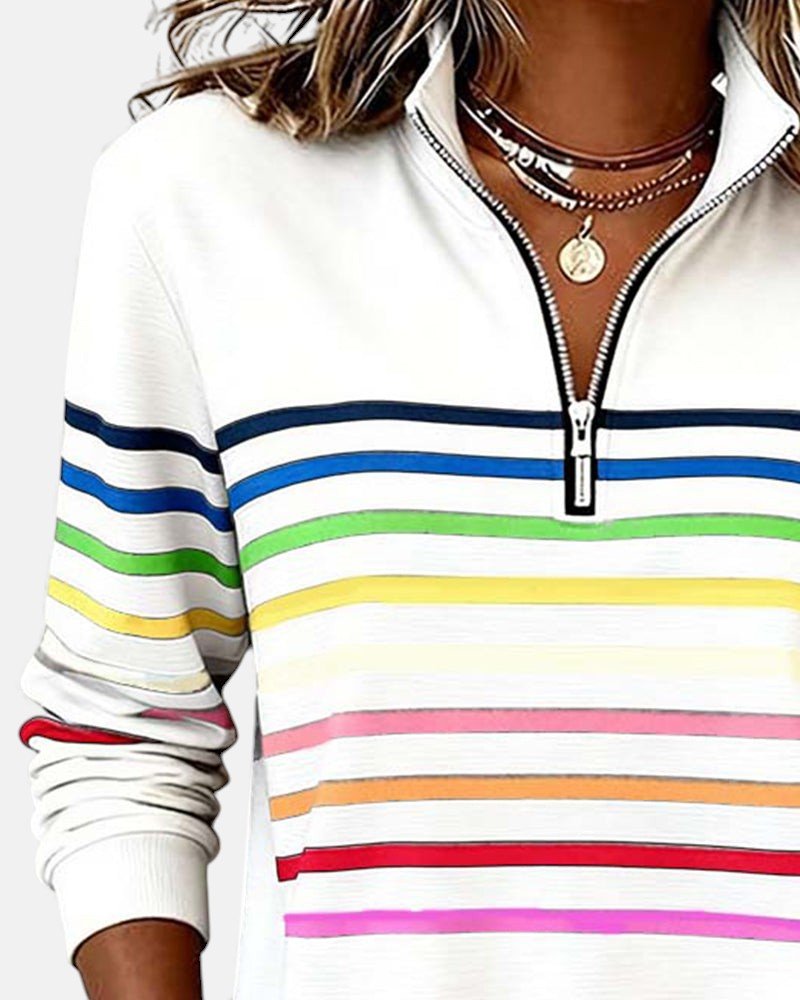 Nora | Dame Sweatshirt Regnbue Stribet Lynlås