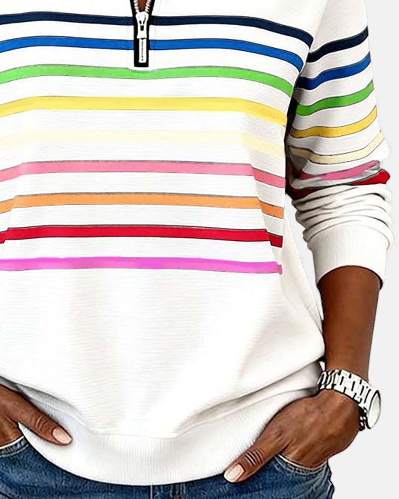 Nora | Dame Sweatshirt Regnbue Stribet Lynlås