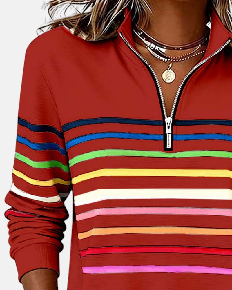 Nora | Dame Sweatshirt Regnbue Stribet Lynlås