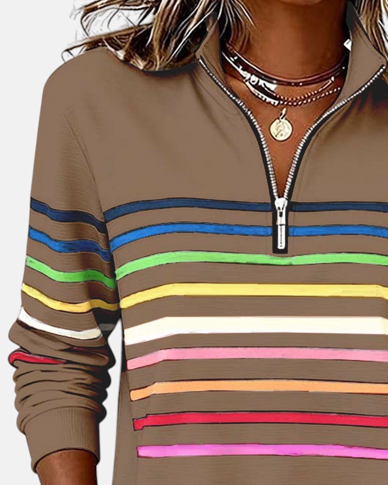 Nora | Dame Sweatshirt Regnbue Stribet Lynlås