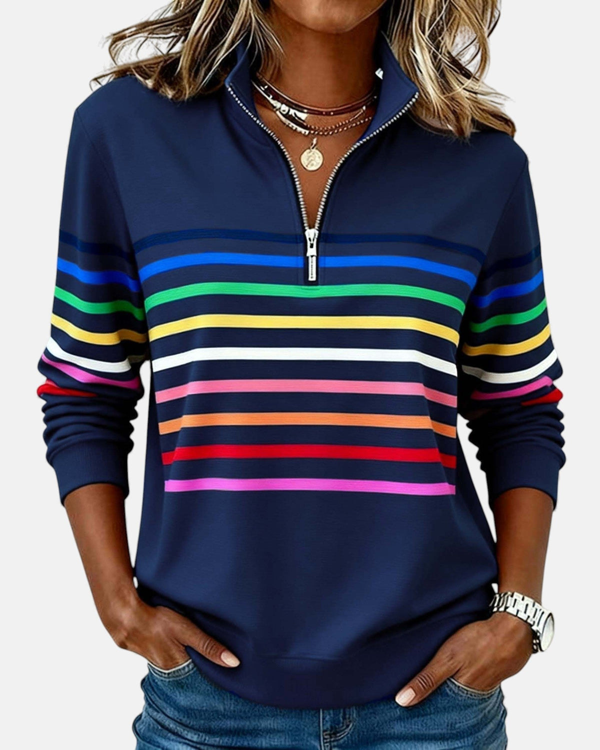 Nora | Dame Sweatshirt Regnbue Stribet Lynlås
