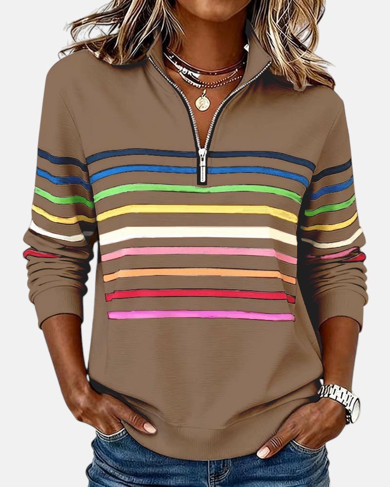 Nora | Dame Sweatshirt Regnbue Stribet Lynlås
