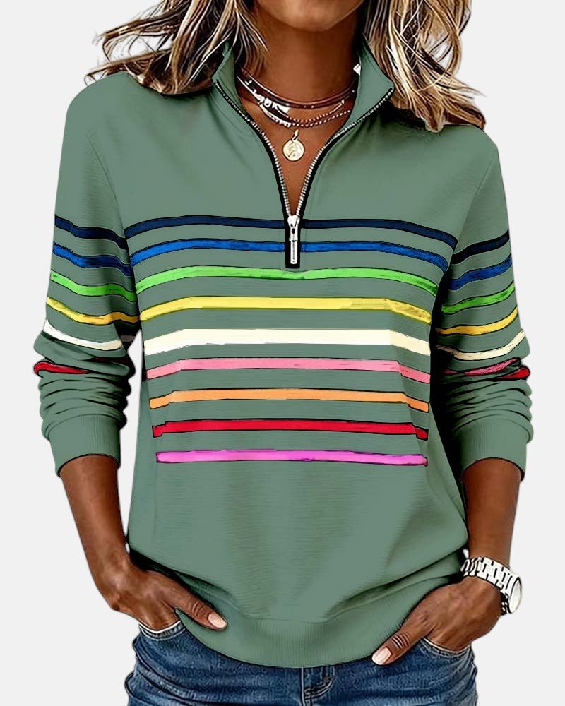 Nora | Dame Sweatshirt Regnbue Stribet Lynlås