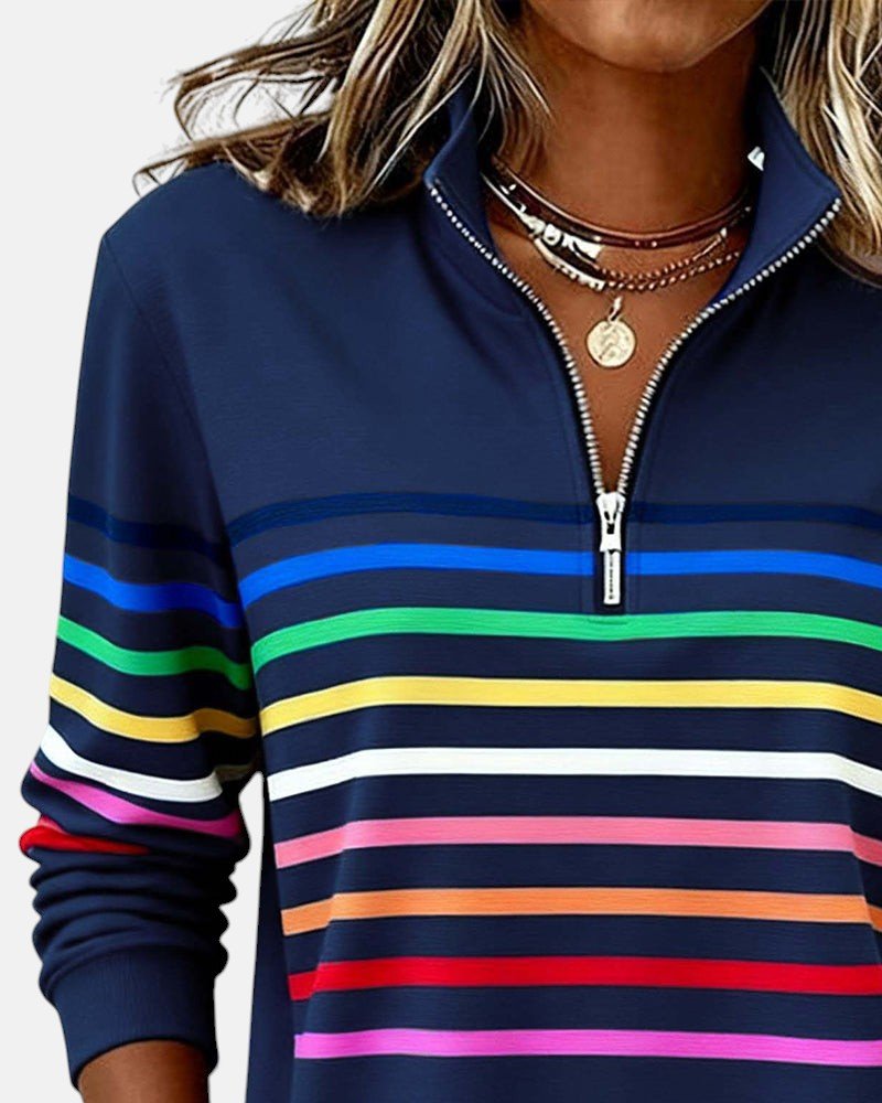 Nora | Dame Sweatshirt Regnbue Stribet Lynlås