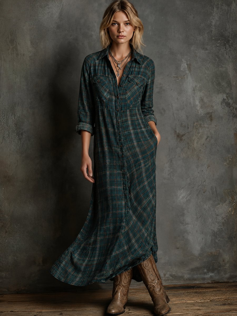 Liv | Dame Ternet Flannel Maxi Formal Dress Skjortekjole