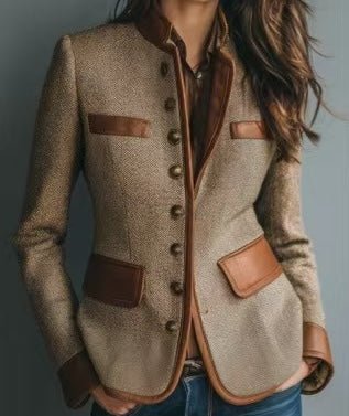 Mathilde | Dame Tweed Blazer Skræddersyet Faux-Læder Trim Knapper