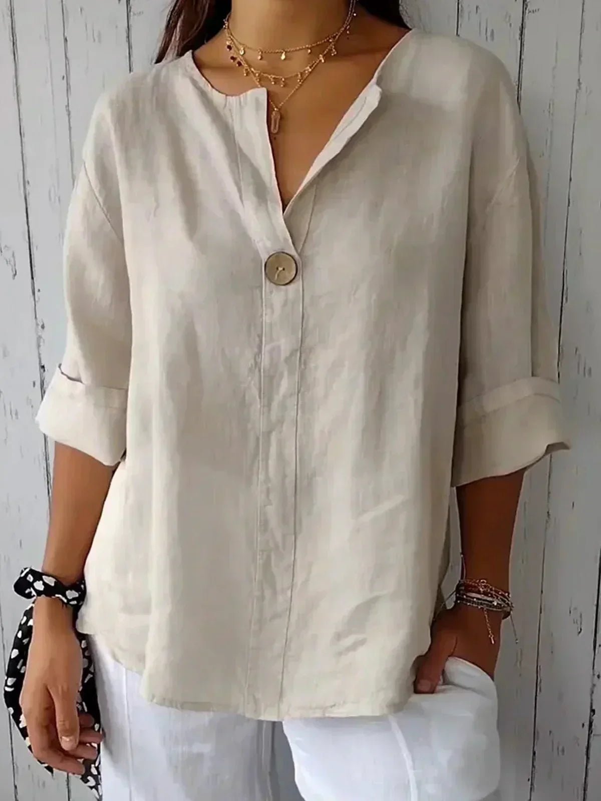 Josefine | Dame V-hals Afslappet Linned-look Bluse med 3/4 Ærmer