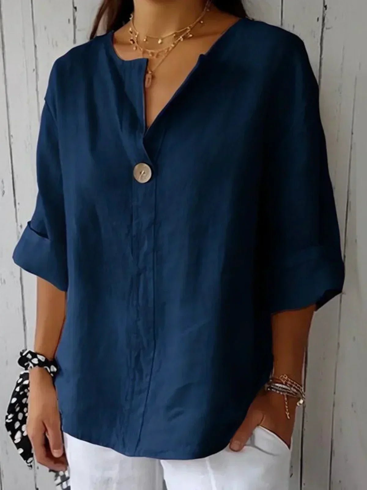 Josefine | Dame V-hals Afslappet Linned-look Bluse med 3/4 Ærmer