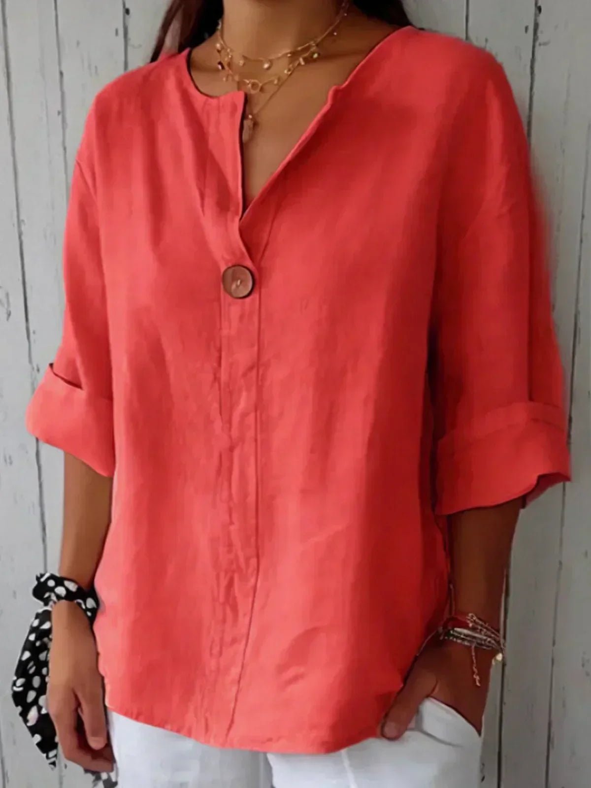 Josefine | Dame V-hals Afslappet Linned-look Bluse med 3/4 Ærmer