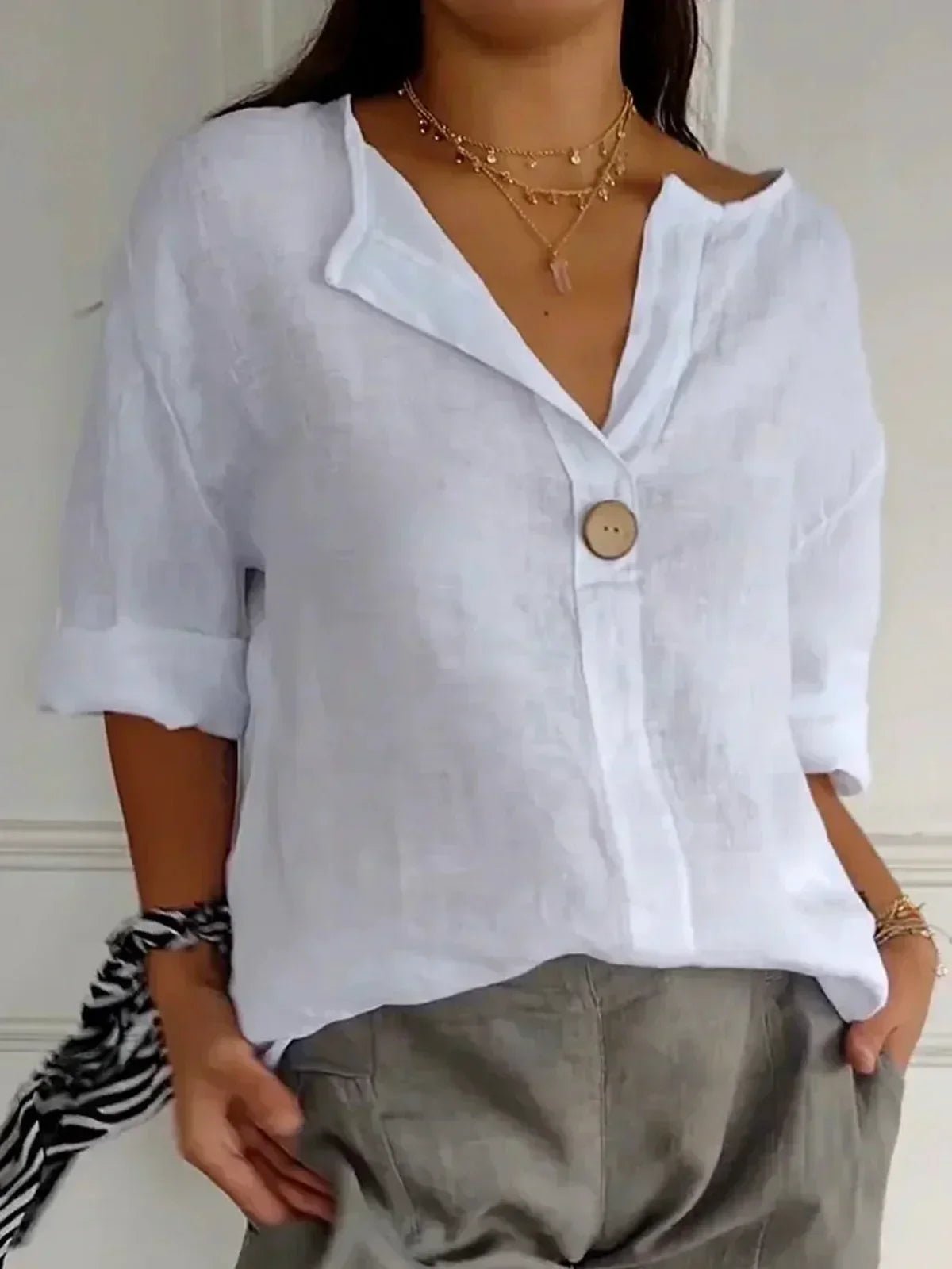 Josefine | Dame V-hals Afslappet Linned-look Bluse med 3/4 Ærmer