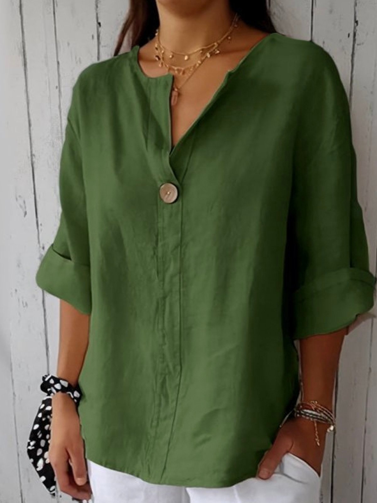Josefine | Dame V-hals Afslappet Linned-look Bluse med 3/4 Ærmer