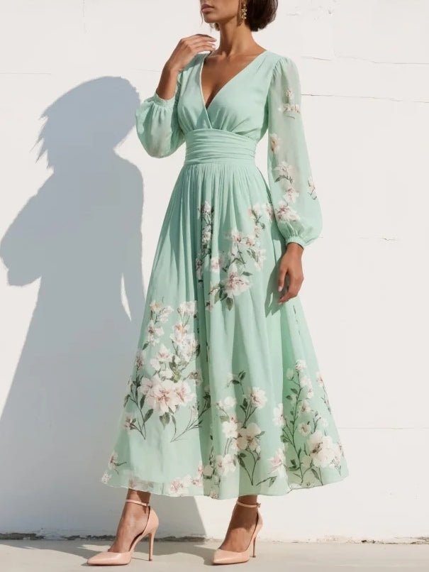 Anna | Dame V-hals Blomster Midi-kjole med Plisseret Ballonærmer