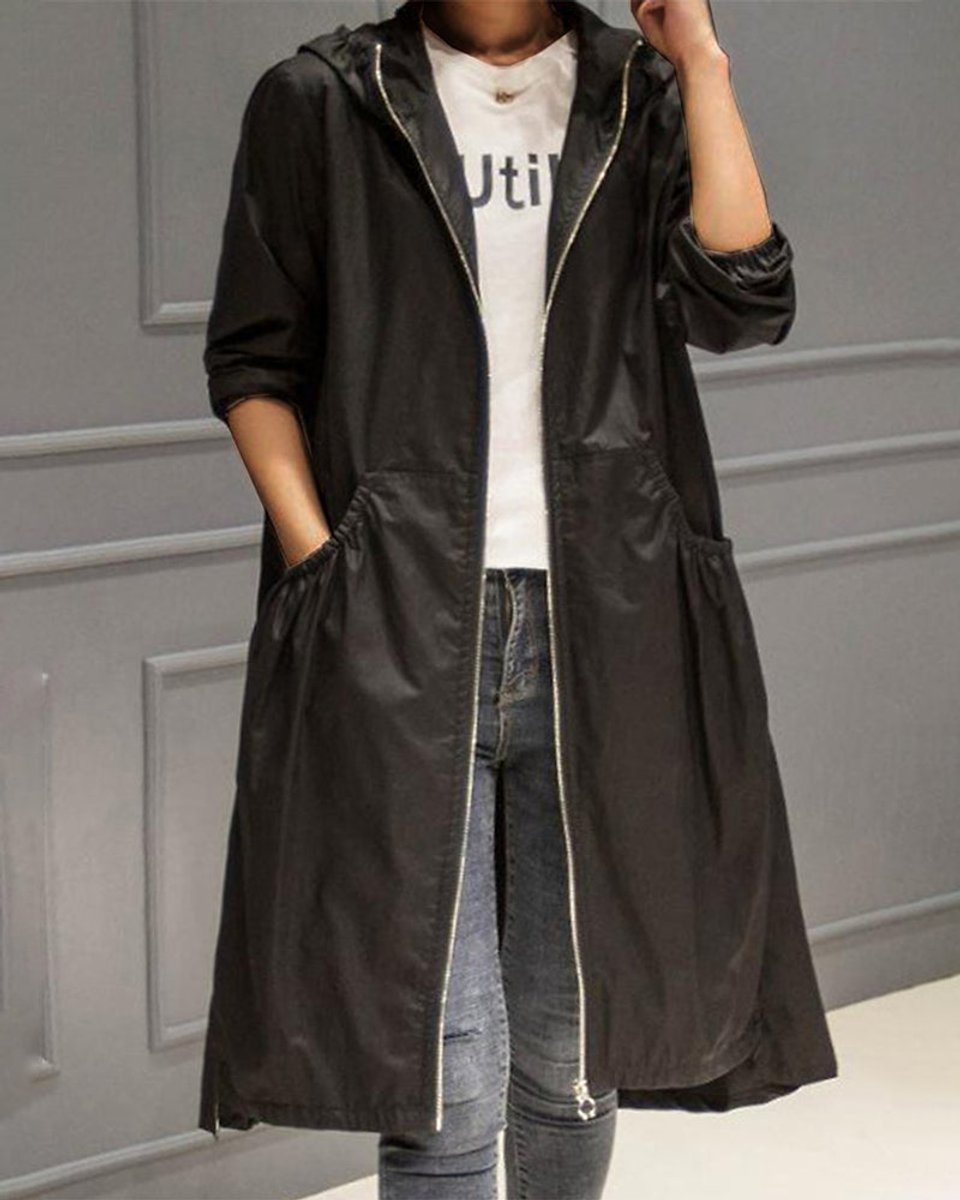 Nora | Dame Vandafvisende Hættet Lang Trench Coat Polyester