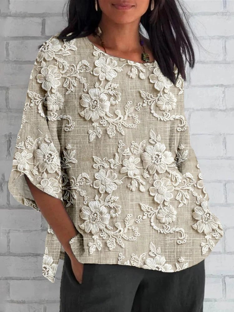 Lea | Dame Vintage Blomster Broderet Afslappet Bluse