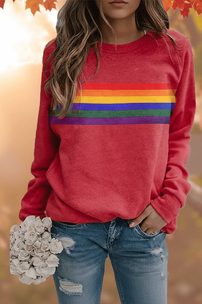 Mathilde | Dame Vintage Regnbuestripet Afslappet Sweatshirt Langærmet