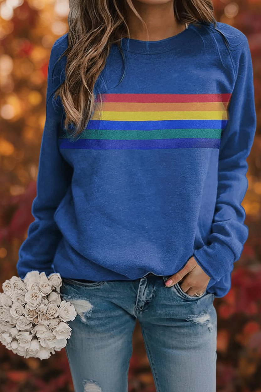 Mathilde | Dame Vintage Regnbuestripet Afslappet Sweatshirt Langærmet