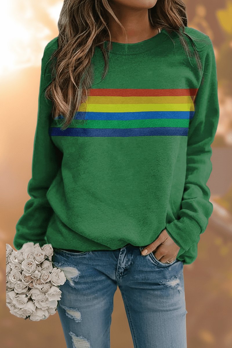 Mathilde | Dame Vintage Regnbuestripet Afslappet Sweatshirt Langærmet