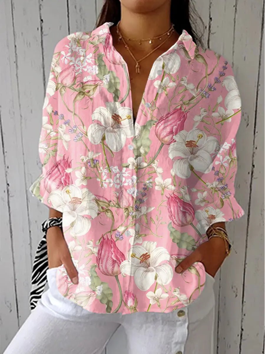 Laura | Damebluse Afslappet Pasform Blomsterprint Knaplukning