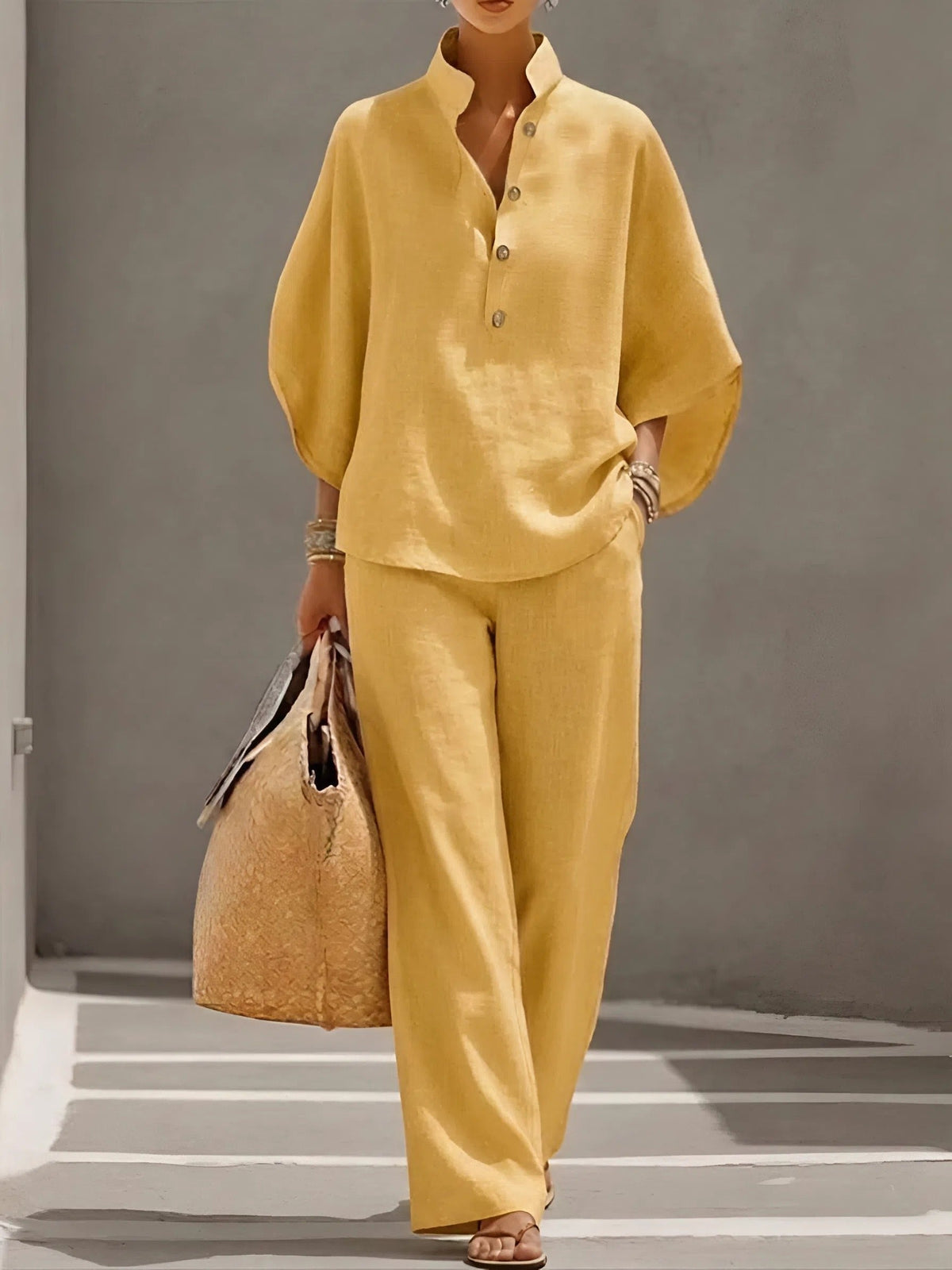 Ella | Damer Mandarin Krave Kimono Ærme Hør Sæt