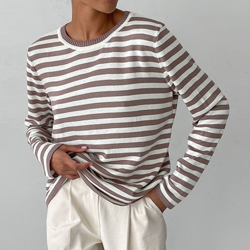 Agnes | Damer Stribet Langærmet T-Shirt med Rund Hals
