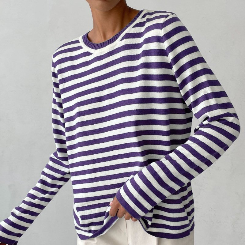 Agnes | Damer Stribet Langærmet T-Shirt med Rund Hals