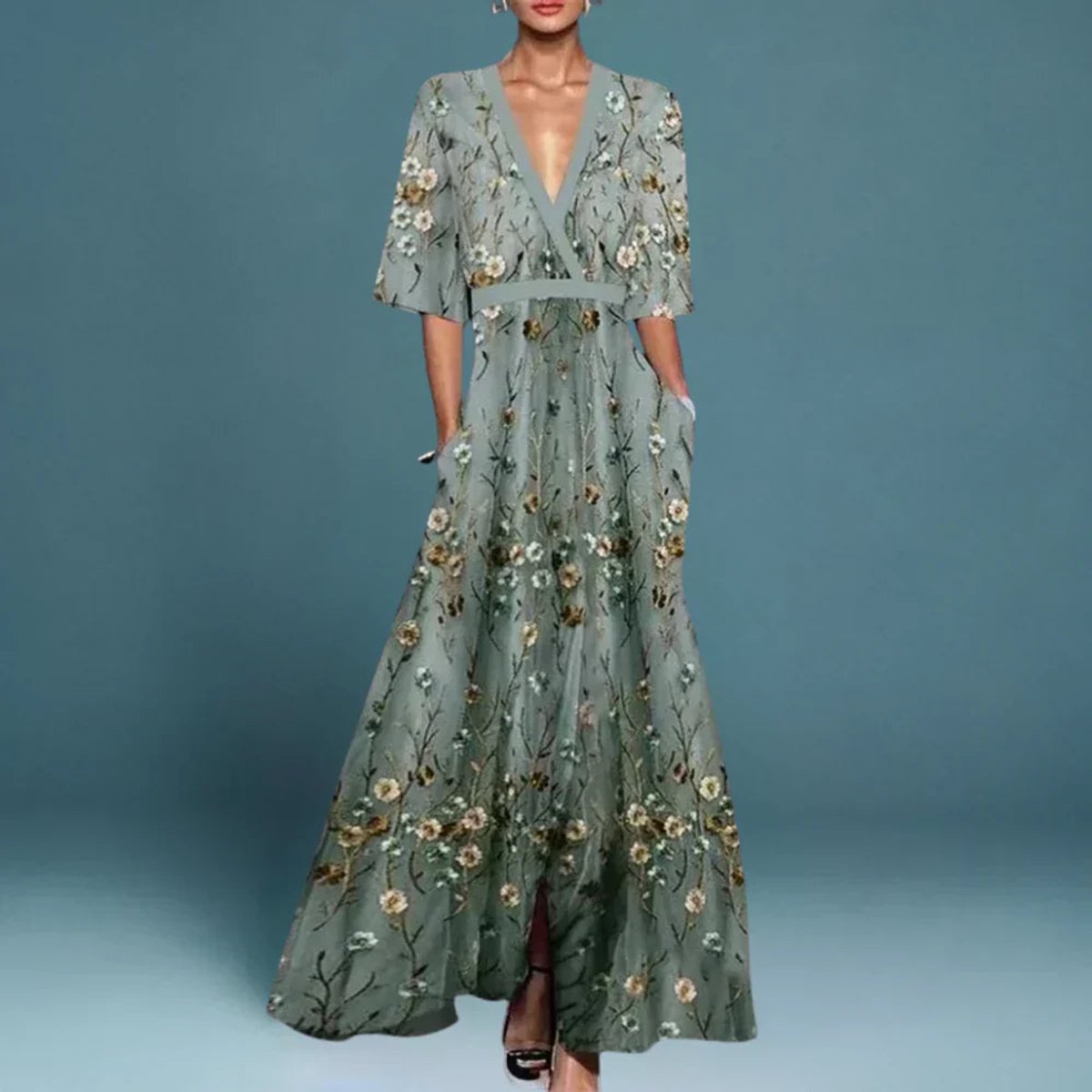Sofia | Damernes Blomstrede Maxi Formal Dress med V-udskæring