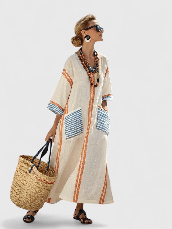 Emma | Damers Oversized Boho Maxi Kjole V-Hals Stribet Linned