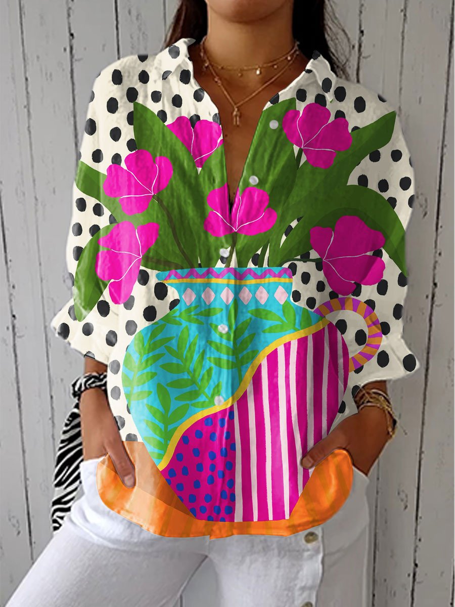 Isabella | Dames Blomstervase Bluse med Polkaprikker