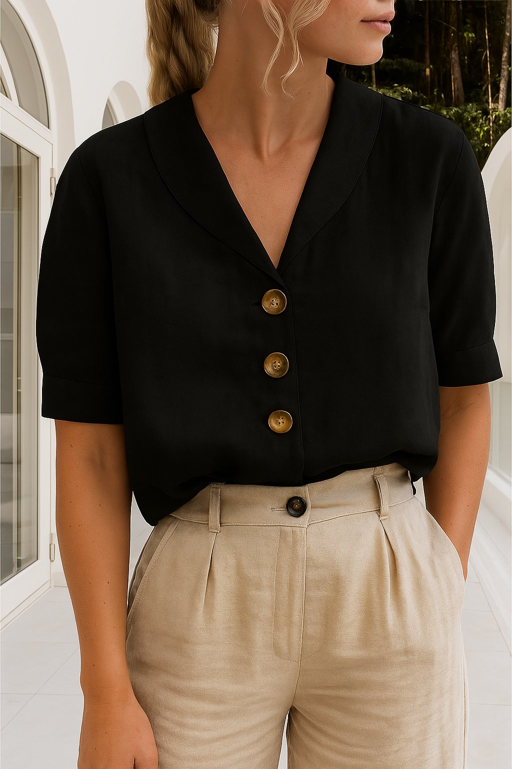Sofia | Elegant Bluse med Wrap-Hals og Korte Ærmer