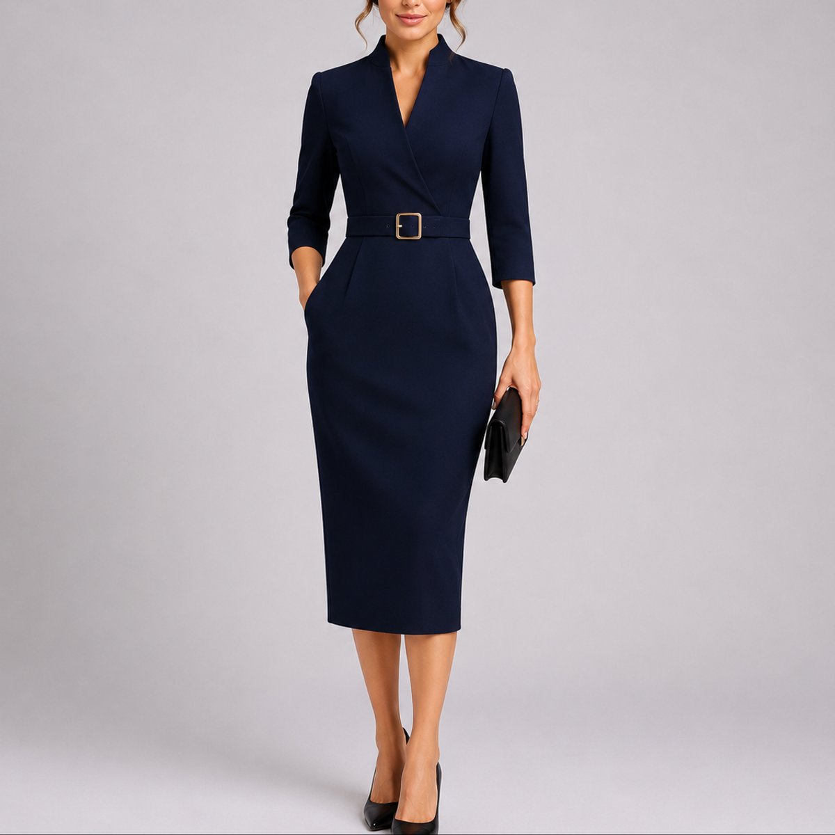 Olivia | Elegant Bodycon Midi Kjole til Bryllupsgjæster med Bælte V-hals