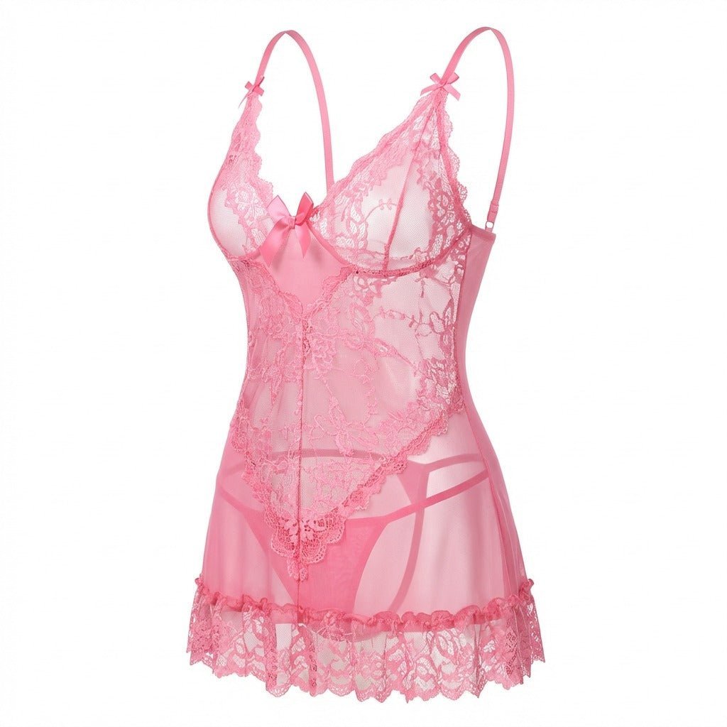 Lea | Gennemsigtig Blondekjole Chemise Mesh Blonder Satin G-streng