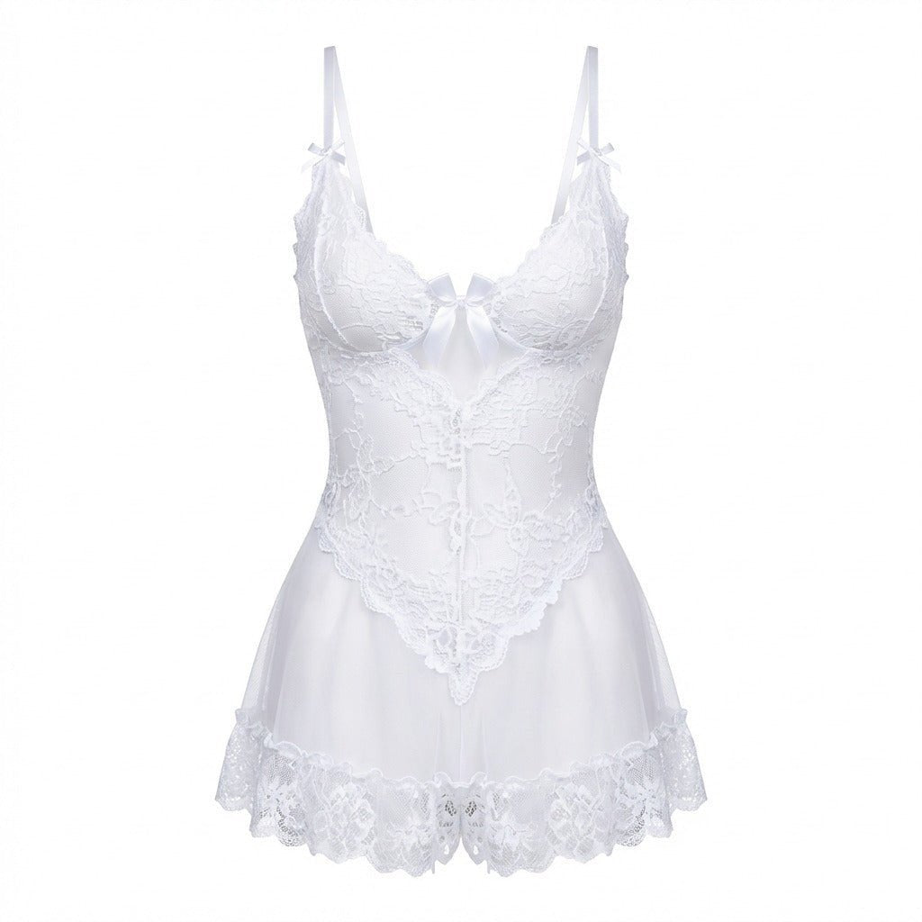 Lea | Gennemsigtig Blondekjole Chemise Mesh Blonder Satin G-streng
