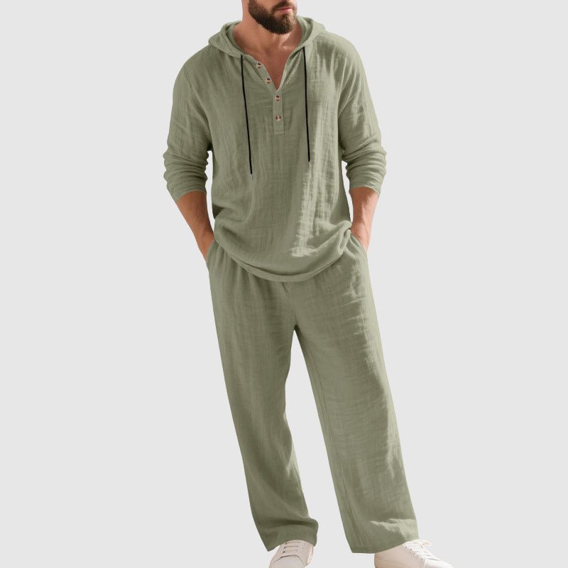 Oscar | Herre Afslappet Linen Hætte-Sæt med Henley-Skjorte
