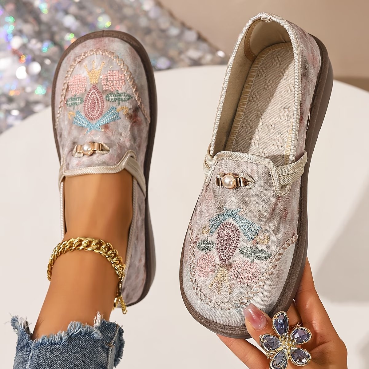 Astrid | Kvinder Broderet Blomster Slip-On Loafers