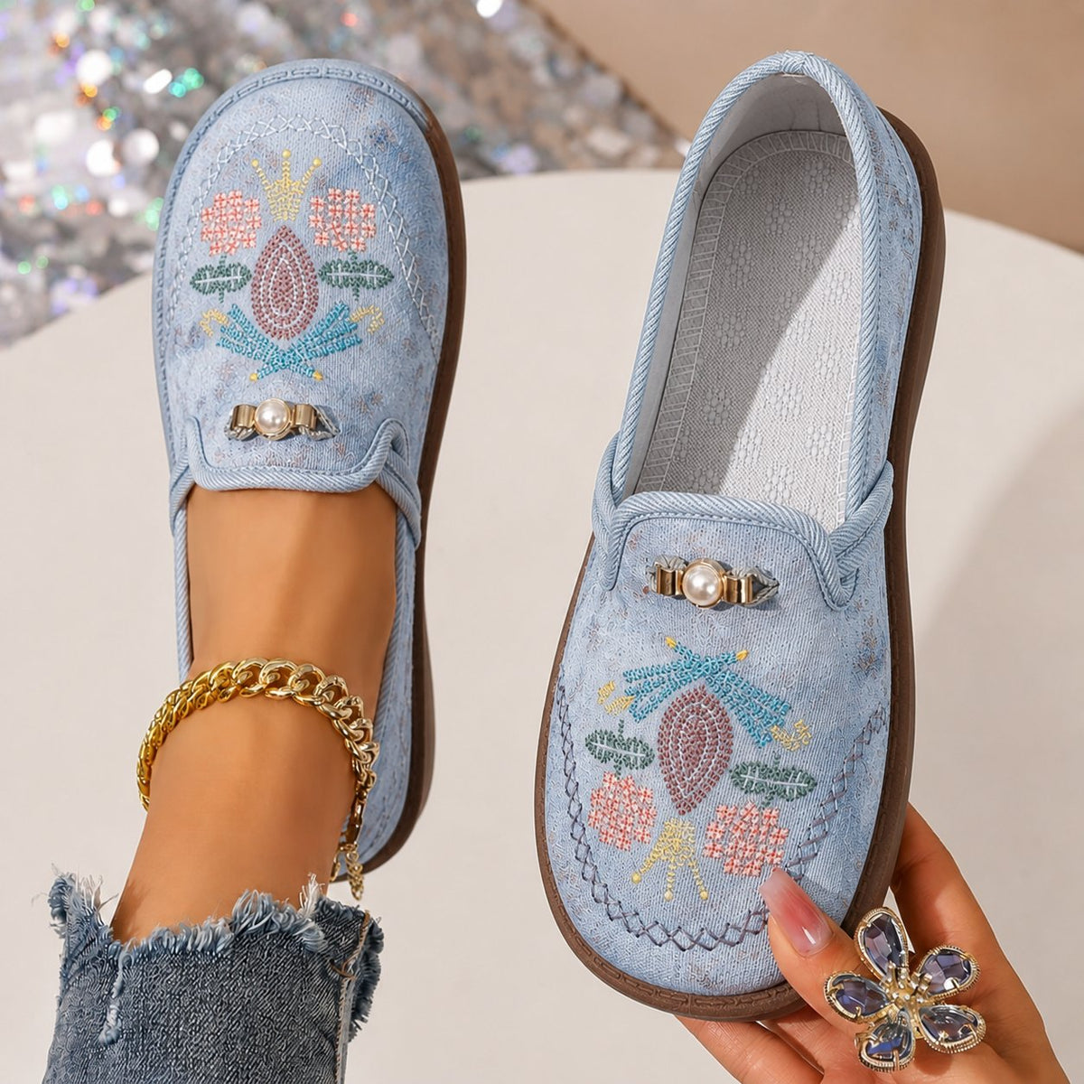 Astrid | Kvinder Broderet Blomster Slip-On Loafers