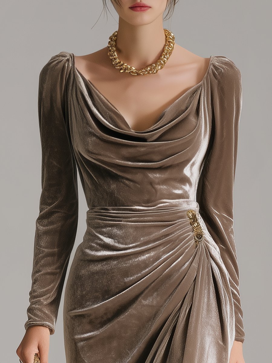 Laura | Kvinders Elegant Fløjl Midi Formal Dress Cowl-Neck Langærmet