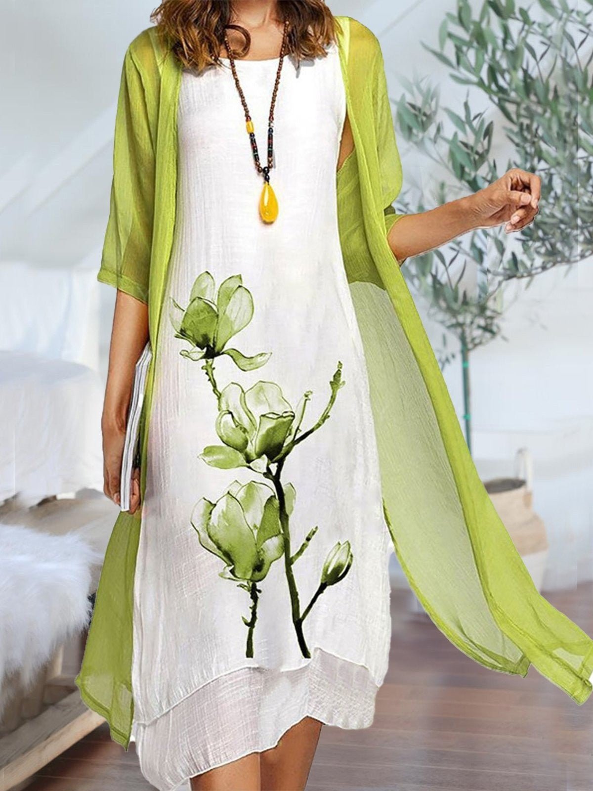 Ella | Kvinders Linen Midi Kjole med Chiffon Cardigan Sæt