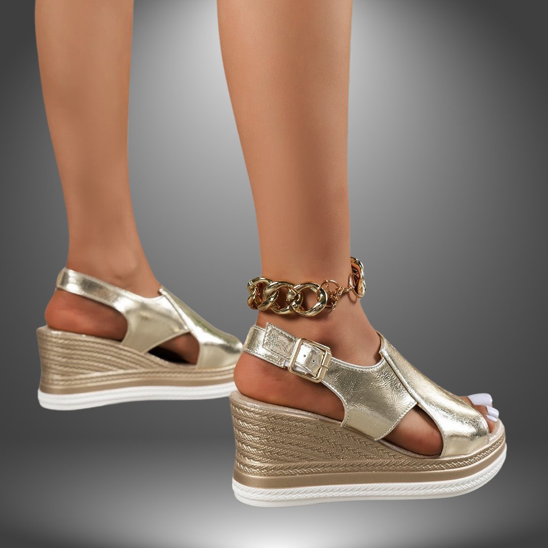Josefine | Kvinders Metallic Kilehæl Platform Sandaler Spænde Guldkæde