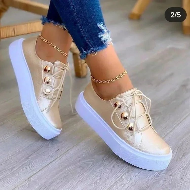 Clara | Kvinders Ortopædiske Plateau Sneakers Snørebånd Guldnitter