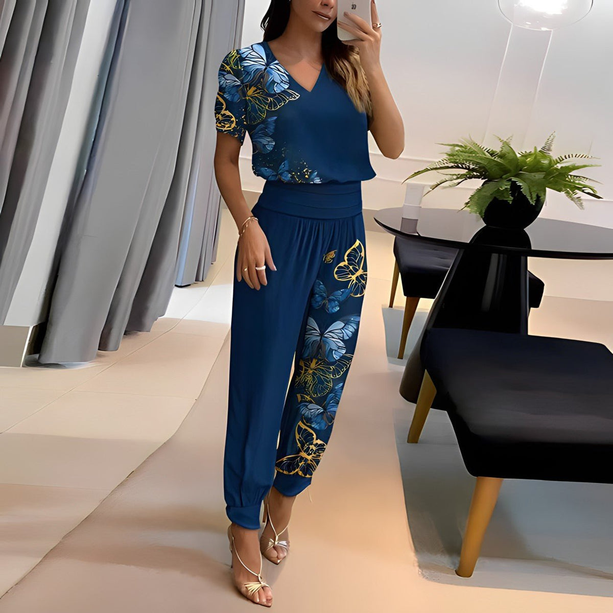 Emma | Kvinders V-hals Two-piece Set Kortermet Top Grafiske Bukser