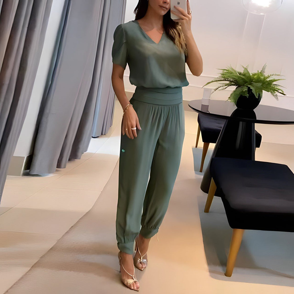 Emma | Kvinders V-hals Two-piece Set Kortermet Top Grafiske Bukser