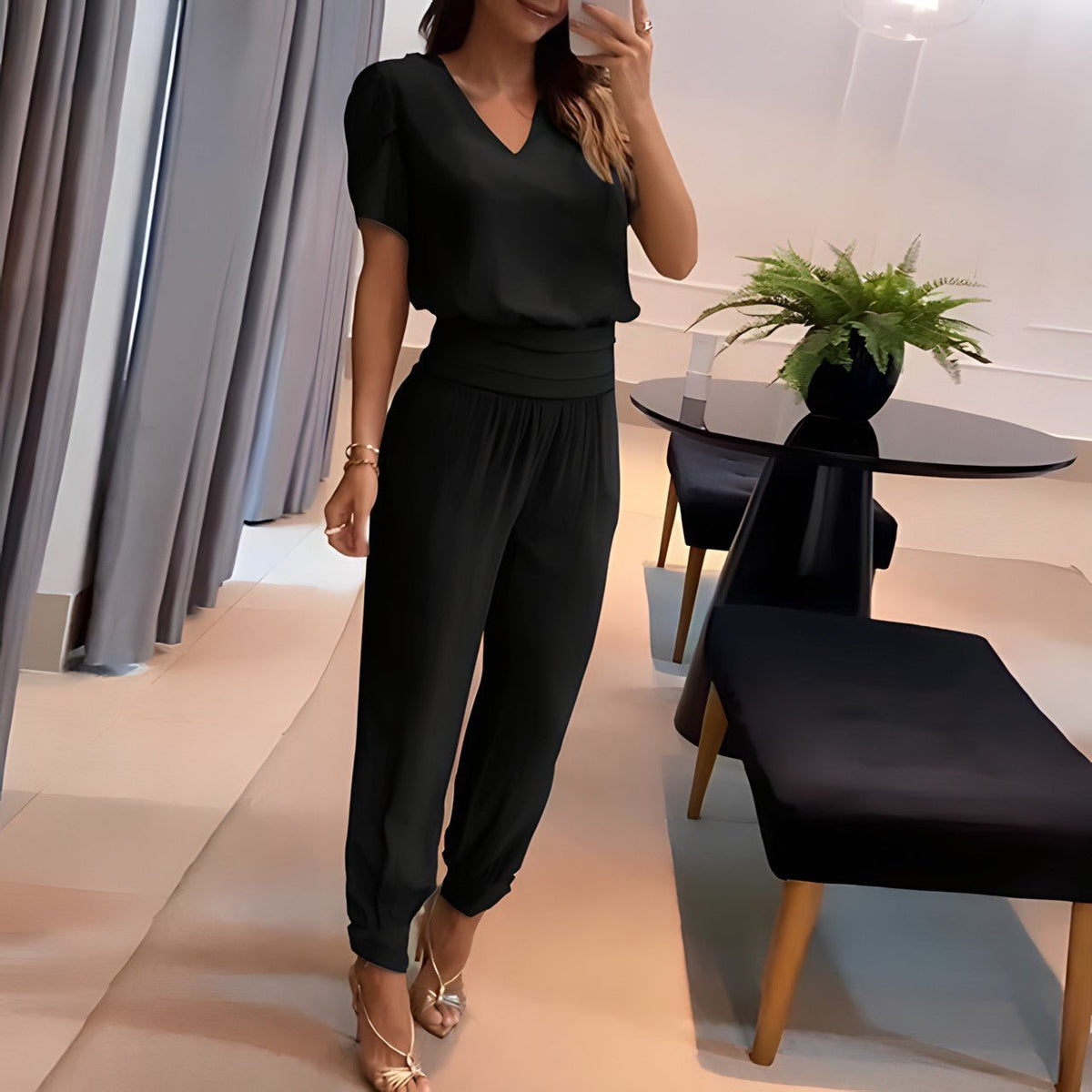 Emma | Kvinders V-hals Two-piece Set Kortermet Top Grafiske Bukser