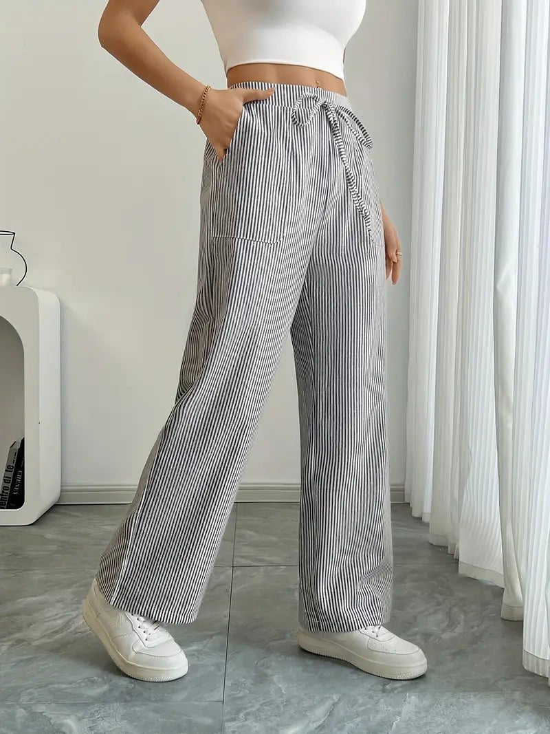 Clara | Linen Bukser Stribede Wide Leg med Lommer