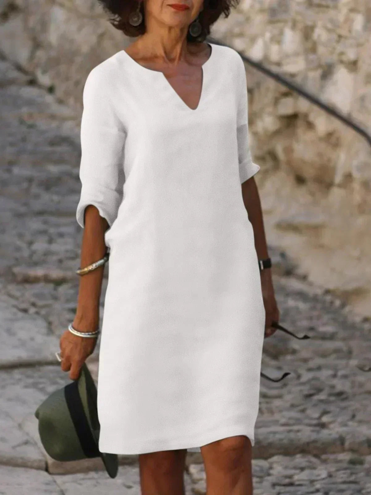 Yrsa | Dame Elegant Midi Kjole Med V-Udskæring