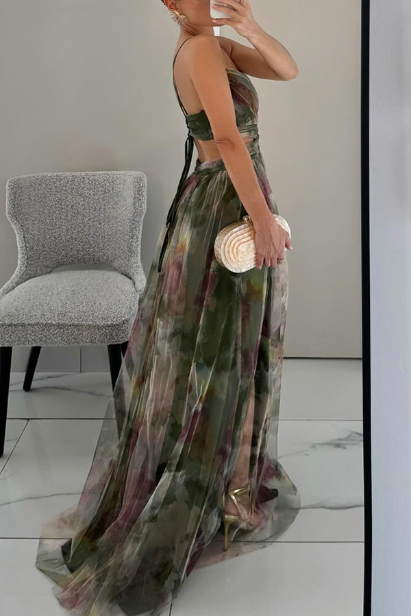 Bente | Dame Printet Spaghetti Strop Maxi Kjole